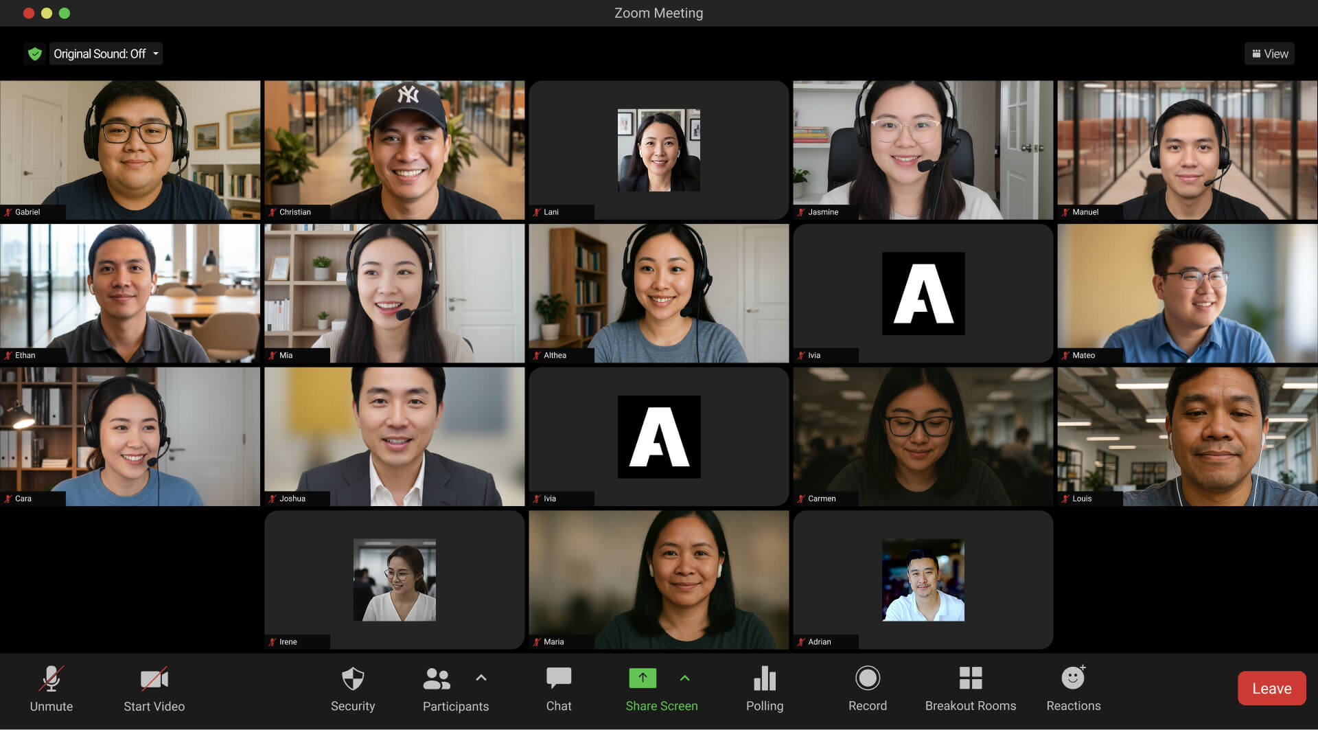 UI of a zoom call with team members on camera
